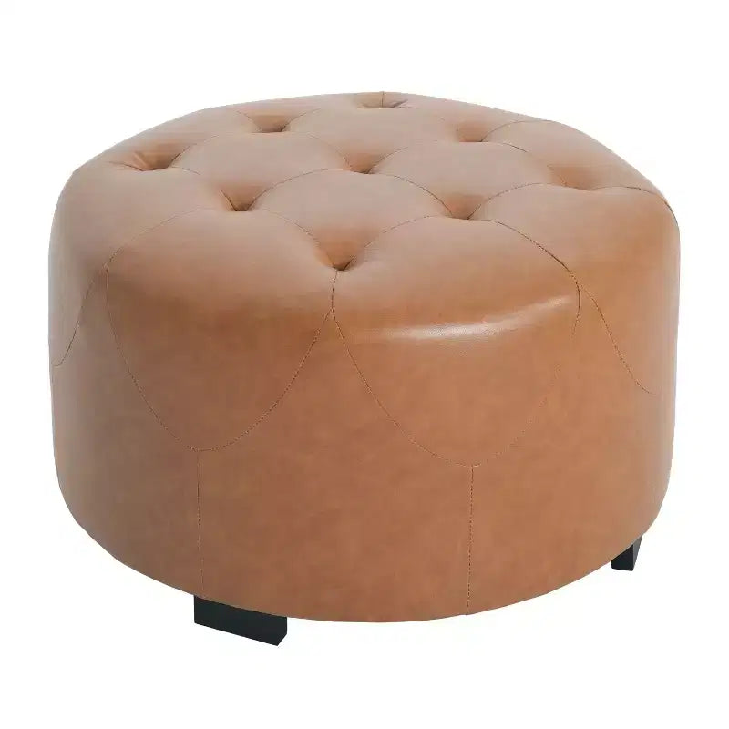 TUYOHW Modern Round Ottoman with Button Tufted Upholstered Versatile Footstool with Wooden Legs Clould Shoe Bench for Living Room, Entryway