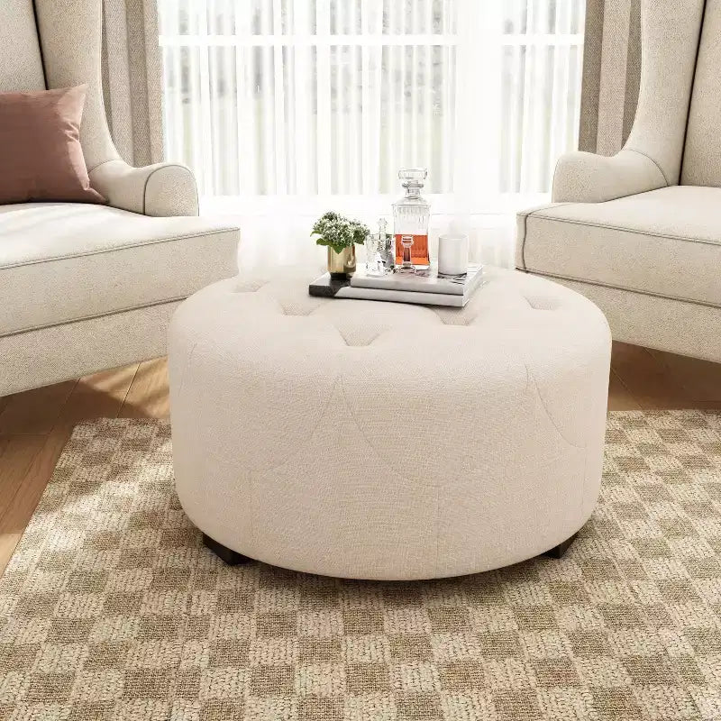 TUYOHW Modern Round Ottoman with Button Tufted Upholstered Versatile Footstool with Wooden Legs Clould Shoe Bench for Living Room, Entryway