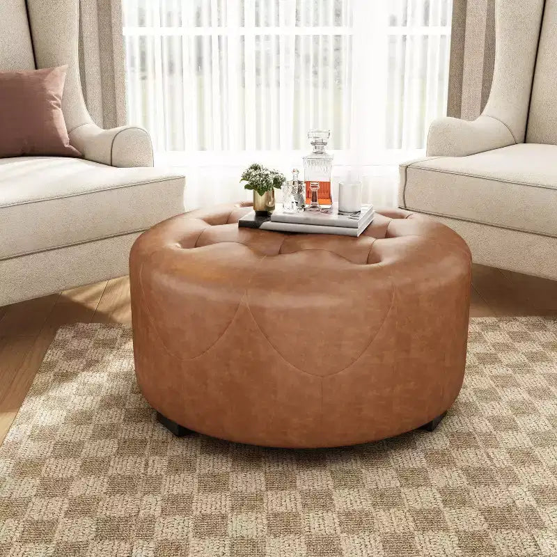 TUYOHW Modern Round Ottoman with Button Tufted Upholstered Versatile Footstool with Wooden Legs Clould Shoe Bench for Living Room, Entryway