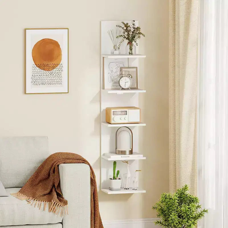 Costway 1/2 PCS 5-Tier Wall Shelves Vertical Floating Storage Shelf Unit Wall-Mounted Organizer Rustic Brown/White