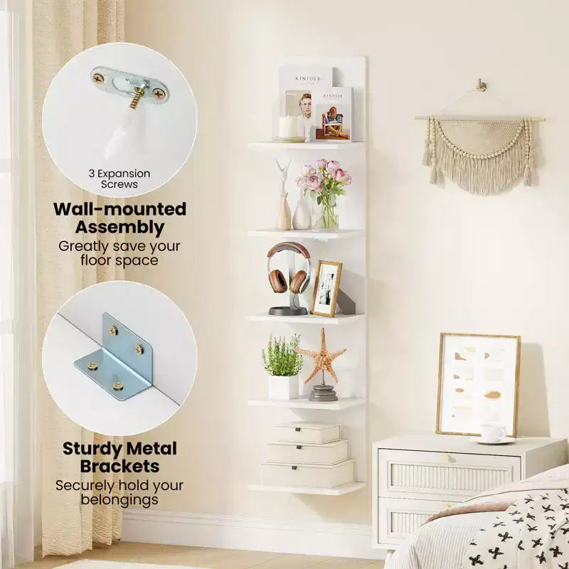 Costway 1/2 PCS 5-Tier Wall Shelves Vertical Floating Storage Shelf Unit Wall-Mounted Organizer Rustic Brown/White
