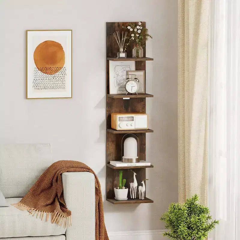 Costway 1/2 PCS 5-Tier Wall Shelves Vertical Floating Storage Shelf Unit Wall-Mounted Organizer Rustic Brown/White