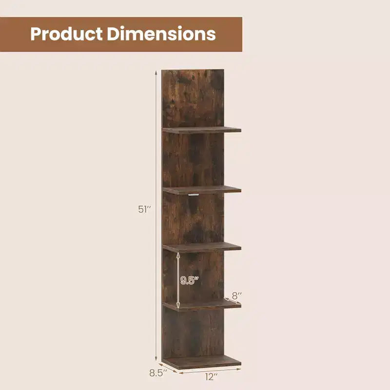 Costway 1/2 PCS 5-Tier Wall Shelves Vertical Floating Storage Shelf Unit Wall-Mounted Organizer Rustic Brown/White