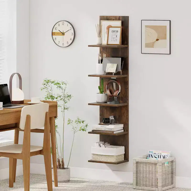 Costway 1/2 PCS 5-Tier Wall Shelves Vertical Floating Storage Shelf Unit Wall-Mounted Organizer Rustic Brown/White