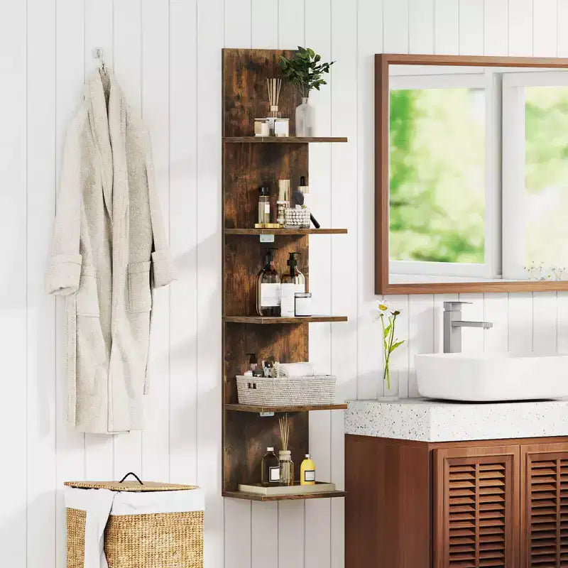 Costway 1/2 PCS 5-Tier Wall Shelves Vertical Floating Storage Shelf Unit Wall-Mounted Organizer Rustic Brown/White
