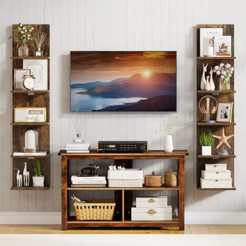 Costway 1/2 PCS 5-Tier Wall Shelves Vertical Floating Storage Shelf Unit Wall-Mounted Organizer Rustic Brown/White