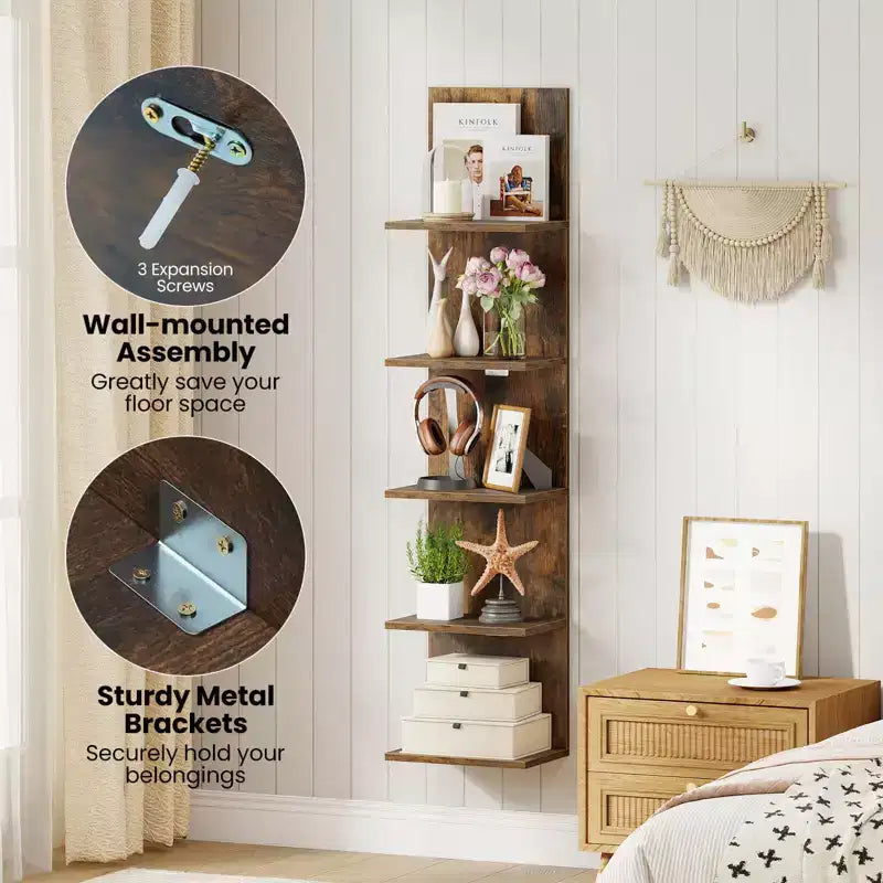 Costway 1/2 PCS 5-Tier Wall Shelves Vertical Floating Storage Shelf Unit Wall-Mounted Organizer Rustic Brown/White