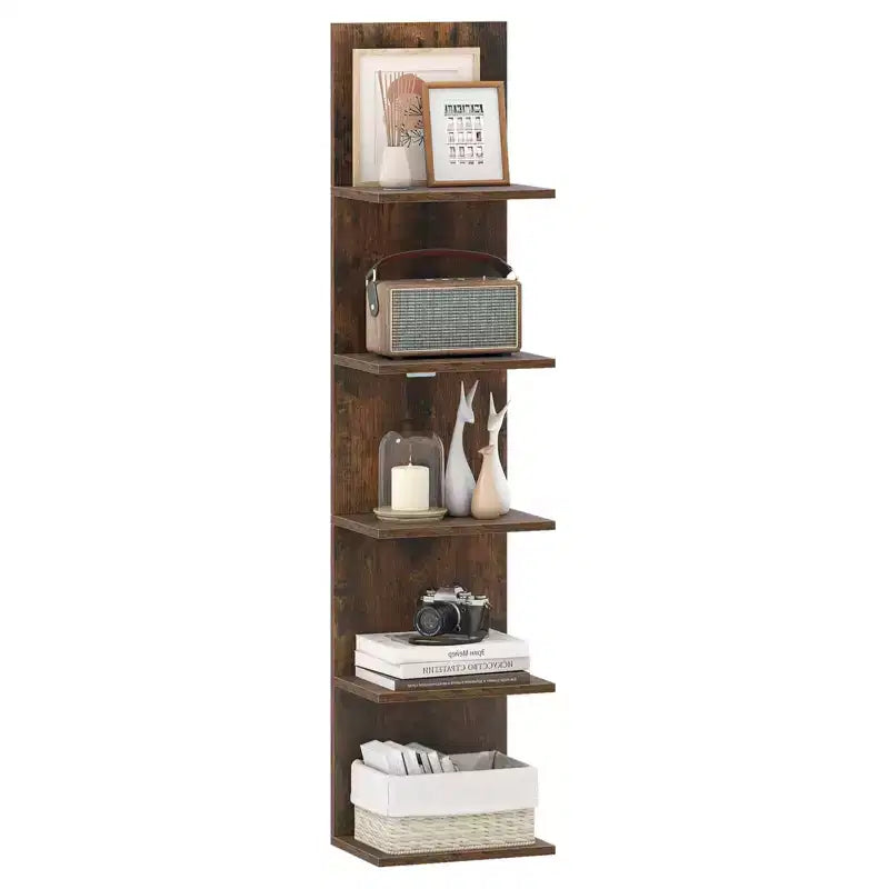 Costway 1/2 PCS 5-Tier Wall Shelves Vertical Floating Storage Shelf Unit Wall-Mounted Organizer Rustic Brown/White