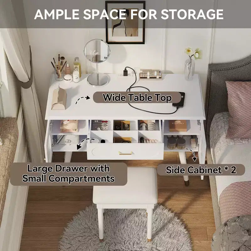 Whisen Elegant Vanity Makeup Table & Chair Set, Modern Dressing Table with Organizer, Writing Desk