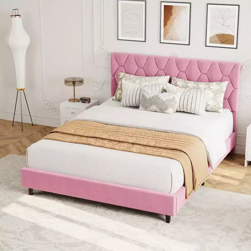 GustoWave Twin/Queen/King Size Upholstered Platform Bed Frame with Adjustable Headboard, Wood Slat Support
