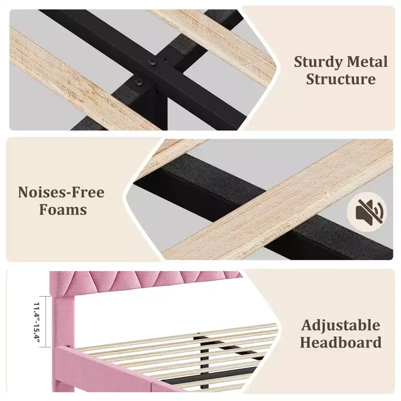 GustoWave Twin/Queen/King Size Upholstered Platform Bed Frame with Adjustable Headboard, Wood Slat Support