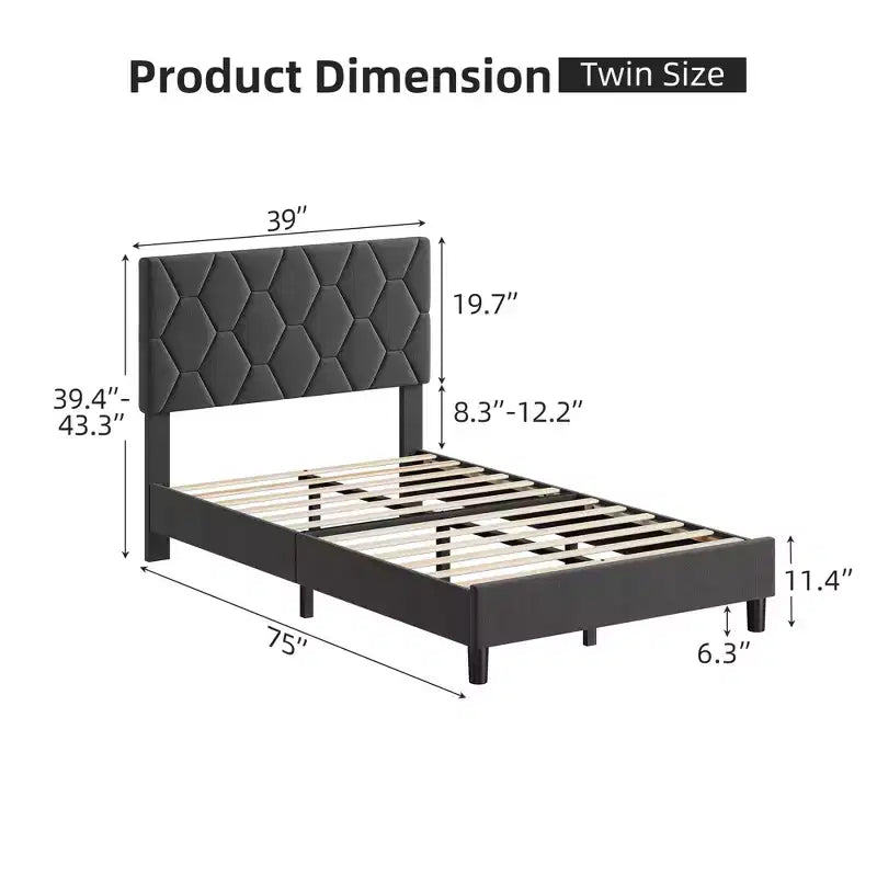 GustoWave Twin/Queen/King Size Upholstered Platform Bed Frame with Adjustable Headboard, Wood Slat Support