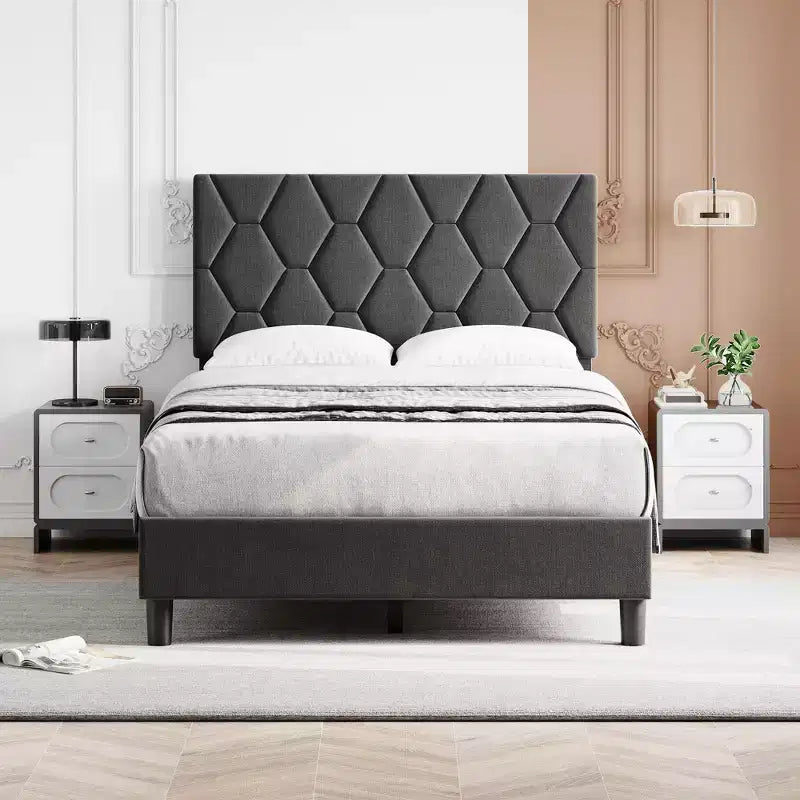 GustoWave Twin/Queen/King Size Upholstered Platform Bed Frame with Adjustable Headboard, Wood Slat Support