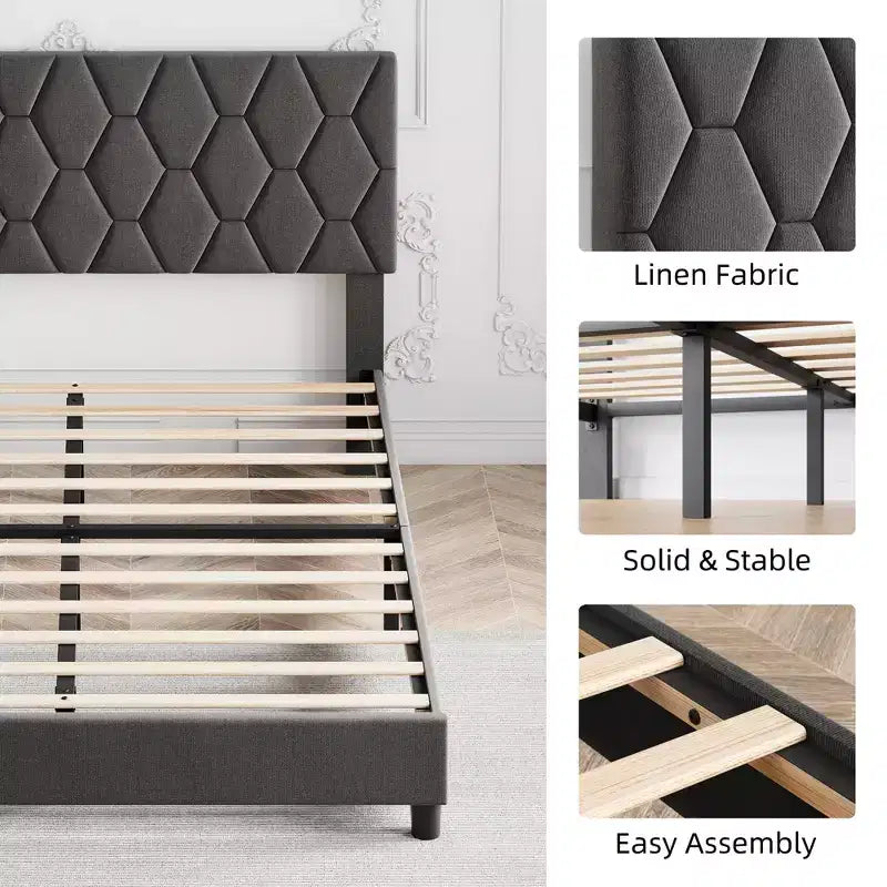 GustoWave Twin/Queen/King Size Upholstered Platform Bed Frame with Adjustable Headboard, Wood Slat Support