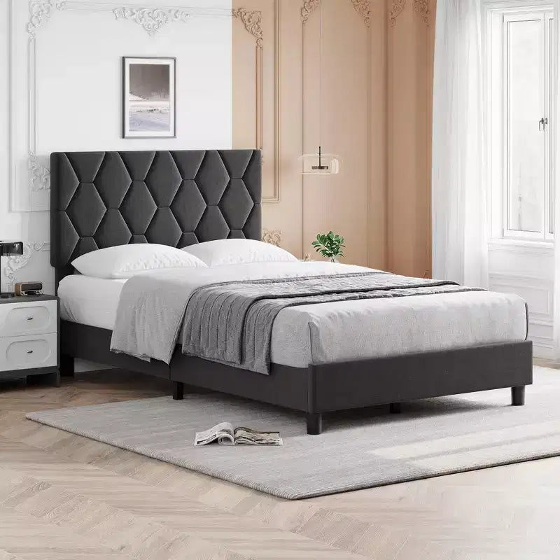 GustoWave Twin/Queen/King Size Upholstered Platform Bed Frame with Adjustable Headboard, Wood Slat Support