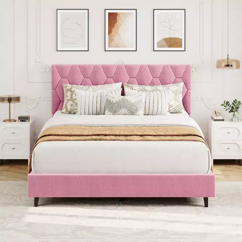 GustoWave Twin/Queen/King Size Upholstered Platform Bed Frame with Adjustable Headboard, Wood Slat Support