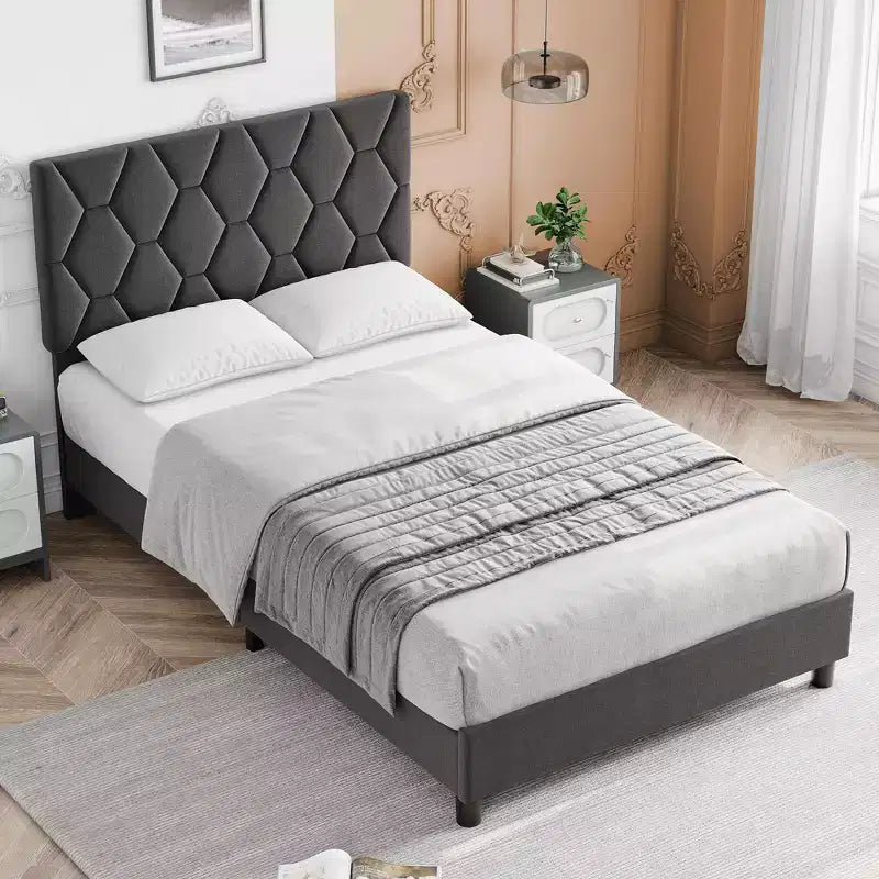 GustoWave Twin/Queen/King Size Upholstered Platform Bed Frame with Adjustable Headboard, Wood Slat Support