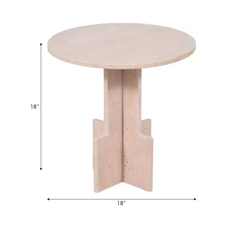 Modern End Table, Side Table, or Small Night Stand - Round Marble Table with Unique Cross Pedestal Base for Small Spaces - 18 Tan