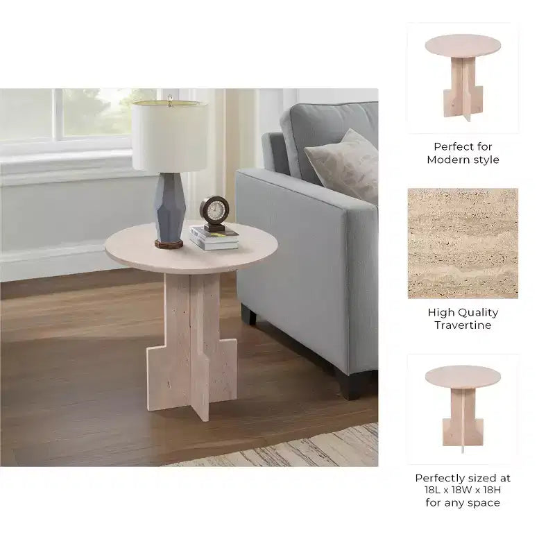 Modern End Table, Side Table, or Small Night Stand - Round Marble Table with Unique Cross Pedestal Base for Small Spaces - 18 Tan