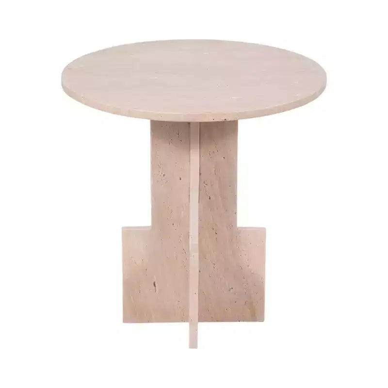 Modern End Table, Side Table, or Small Night Stand - Round Marble Table with Unique Cross Pedestal Base for Small Spaces - 18 Tan