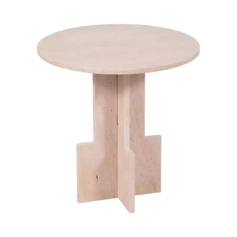 Modern End Table, Side Table, or Small Night Stand - Round Marble Table with Unique Cross Pedestal Base for Small Spaces - 18 Tan