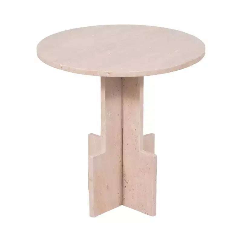 Modern End Table, Side Table, or Small Night Stand - Round Marble Table with Unique Cross Pedestal Base for Small Spaces - 18 Tan