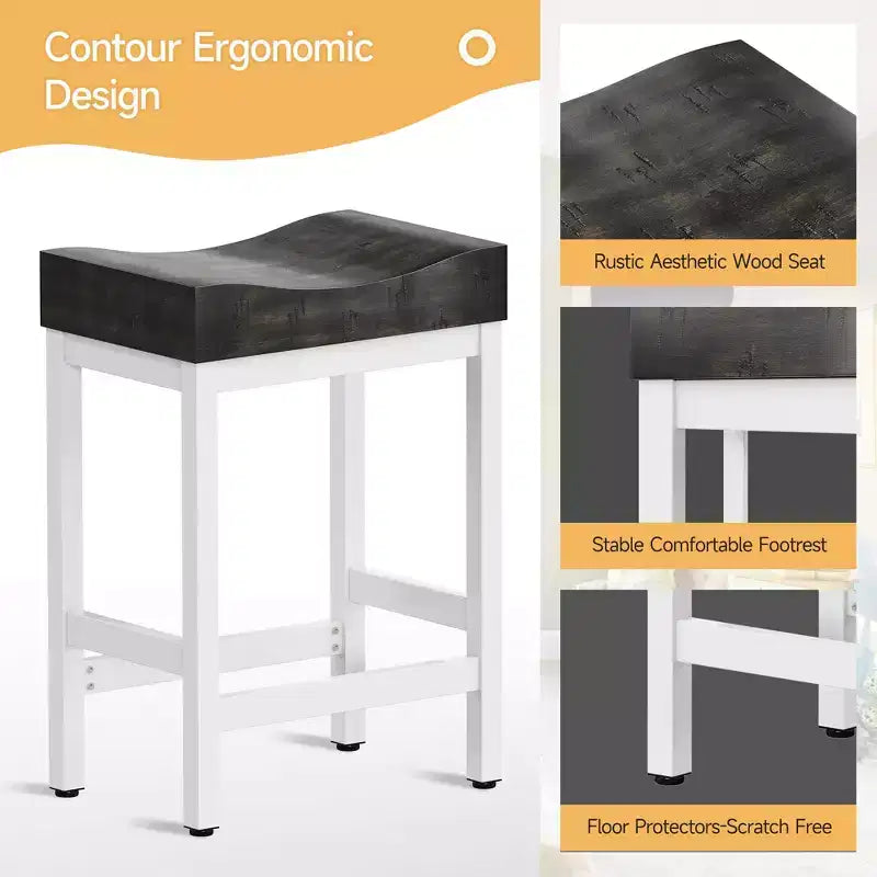 Set of 2 Counter Height Bar Stools 25 Inch Saddle Seat Kitchen Stools with White Metal Frame