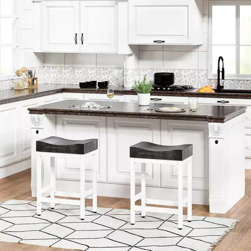 Set of 2 Counter Height Bar Stools 25 Inch Saddle Seat Kitchen Stools with White Metal Frame