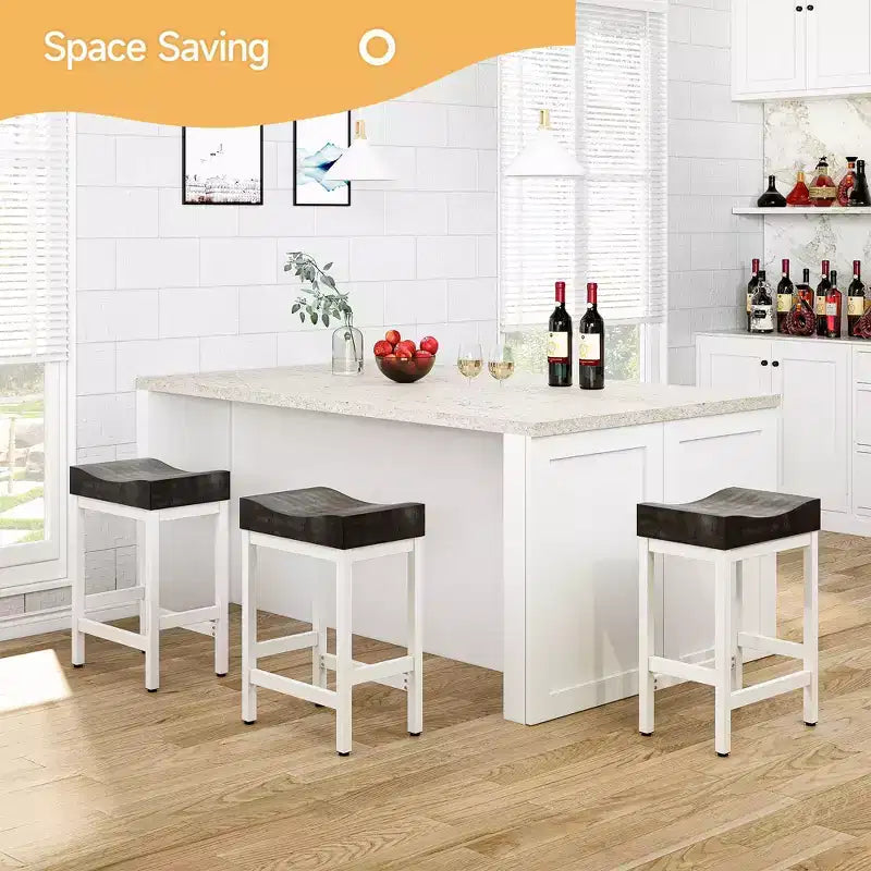 Set of 2 Counter Height Bar Stools 25 Inch Saddle Seat Kitchen Stools with White Metal Frame