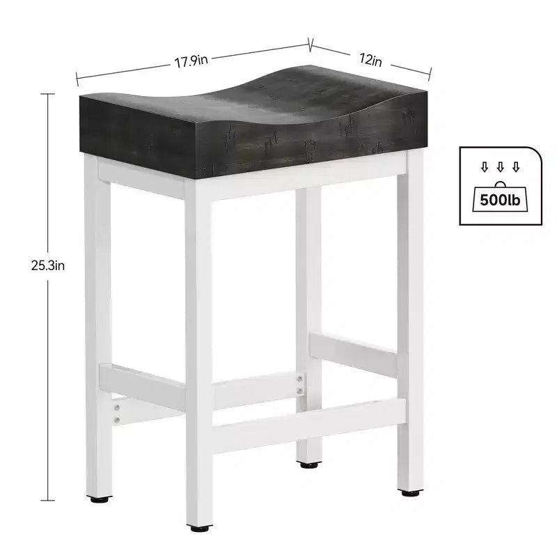 Set of 2 Counter Height Bar Stools 25 Inch Saddle Seat Kitchen Stools with White Metal Frame