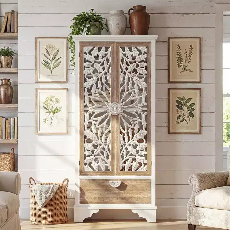 Homsee Vintage Floral Cutout Tall Storage Cabinet Fir Wood Frame, Shelves and Drawer for Living Room & Bedroom