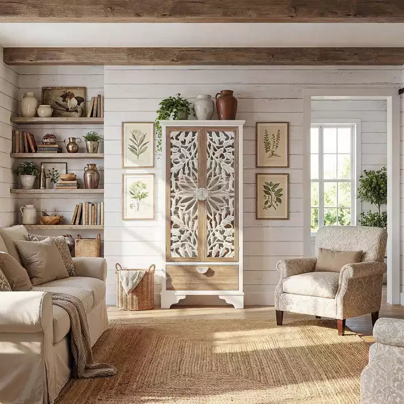 Homsee Vintage Floral Cutout Tall Storage Cabinet Fir Wood Frame, Shelves and Drawer for Living Room & Bedroom