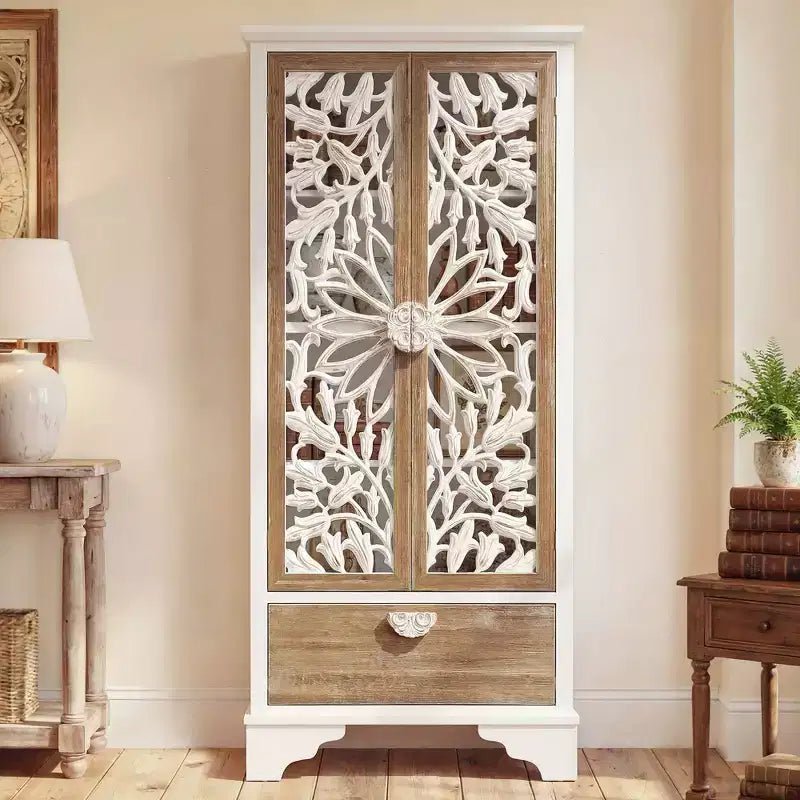 Homsee Vintage Floral Cutout Tall Storage Cabinet Fir Wood Frame, Shelves and Drawer for Living Room & Bedroom