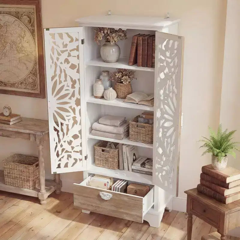 Homsee Vintage Floral Cutout Tall Storage Cabinet Fir Wood Frame, Shelves and Drawer for Living Room & Bedroom