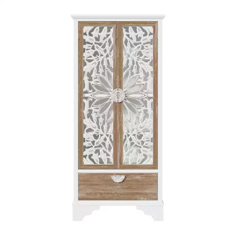 Homsee Vintage Floral Cutout Tall Storage Cabinet Fir Wood Frame, Shelves and Drawer for Living Room & Bedroom