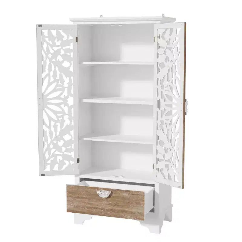 Homsee Vintage Floral Cutout Tall Storage Cabinet Fir Wood Frame, Shelves and Drawer for Living Room & Bedroom