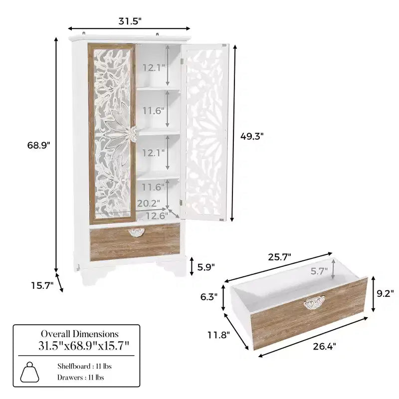 Homsee Vintage Floral Cutout Tall Storage Cabinet Fir Wood Frame, Shelves and Drawer for Living Room & Bedroom