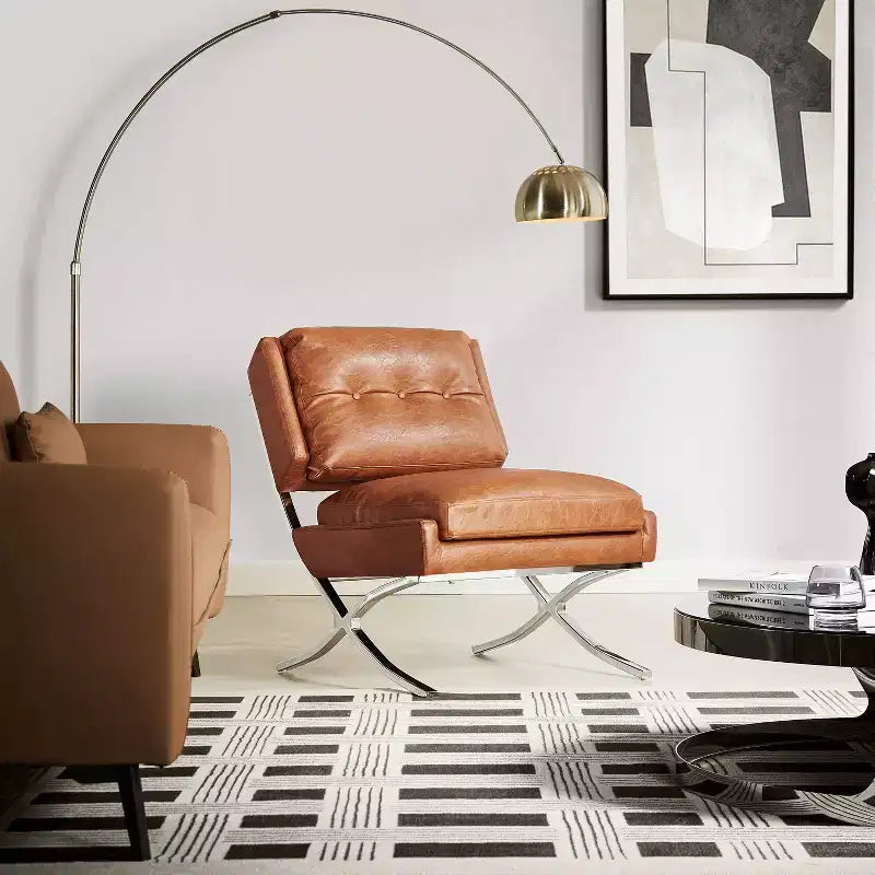 Art Leon Mid Century Modern Accent Chair, Faux Leather Upholstered Armless Chair, Single Sofa Chair with Metal Legs