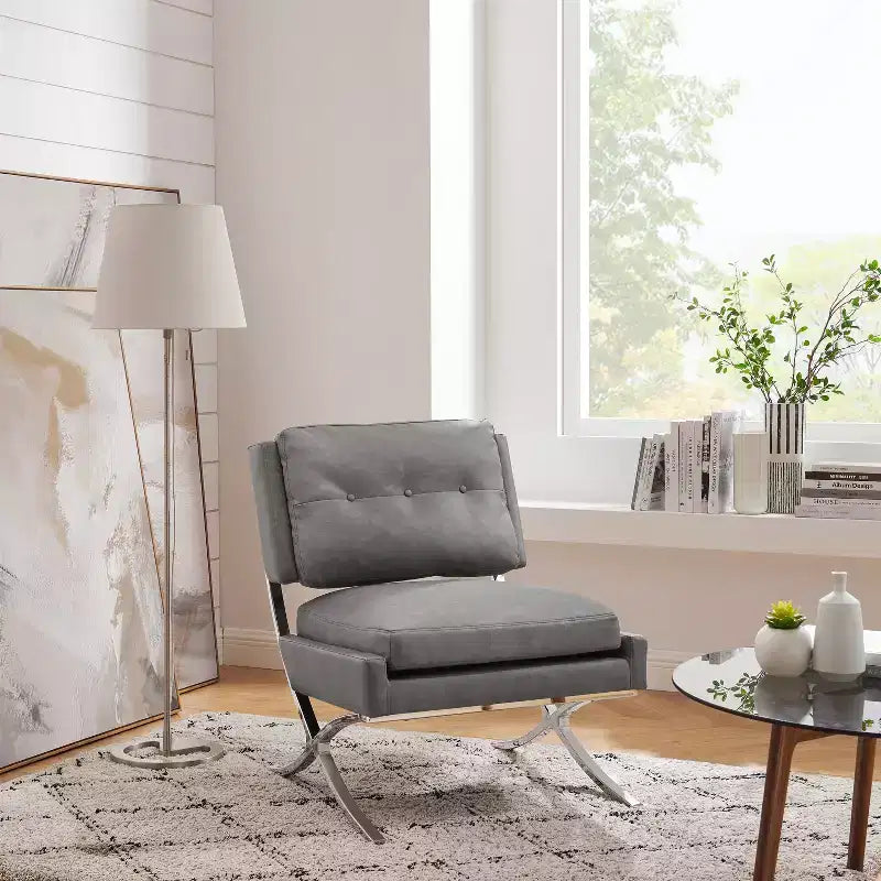Art Leon Mid Century Modern Accent Chair, Faux Leather Upholstered Armless Chair, Single Sofa Chair with Metal Legs