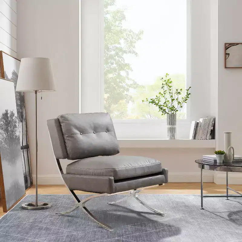 Art Leon Mid Century Modern Accent Chair, Faux Leather Upholstered Armless Chair, Single Sofa Chair with Metal Legs