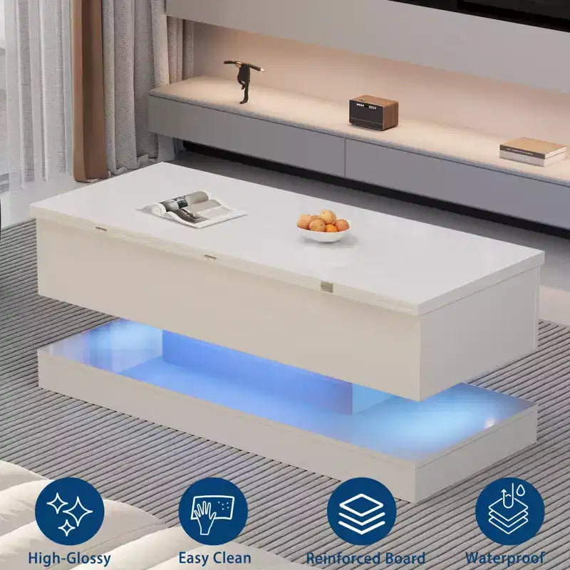 LED Floating Coffee Table - 47.2 Inch Large Lift Top, Modern High Glossy, LED Storage Table, APP Control, for Living Room Dining Room Home Office