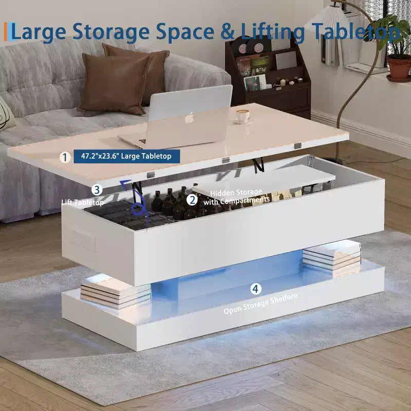 LED Floating Coffee Table - 47.2 Inch Large Lift Top, Modern High Glossy, LED Storage Table, APP Control, for Living Room Dining Room Home Office