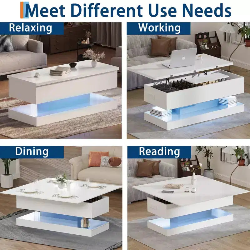 LED Floating Coffee Table - 47.2 Inch Large Lift Top, Modern High Glossy, LED Storage Table, APP Control, for Living Room Dining Room Home Office