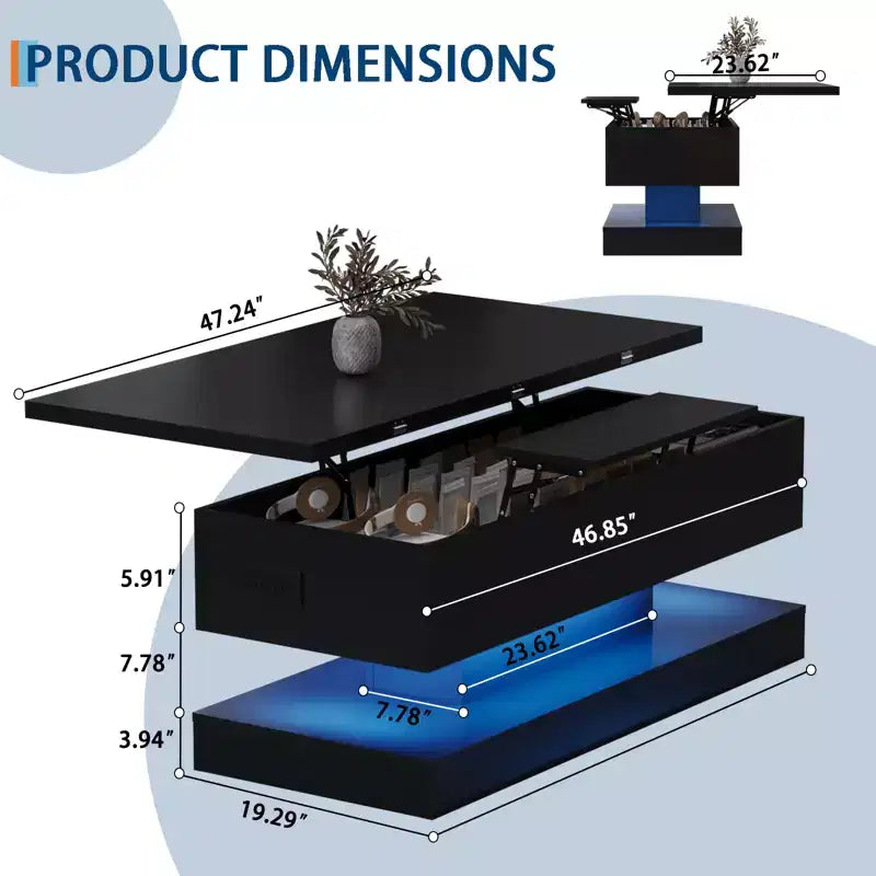 LED Floating Coffee Table - 47.2 Inch Large Lift Top, Modern High Glossy, LED Storage Table, APP Control, for Living Room Dining Room Home Office