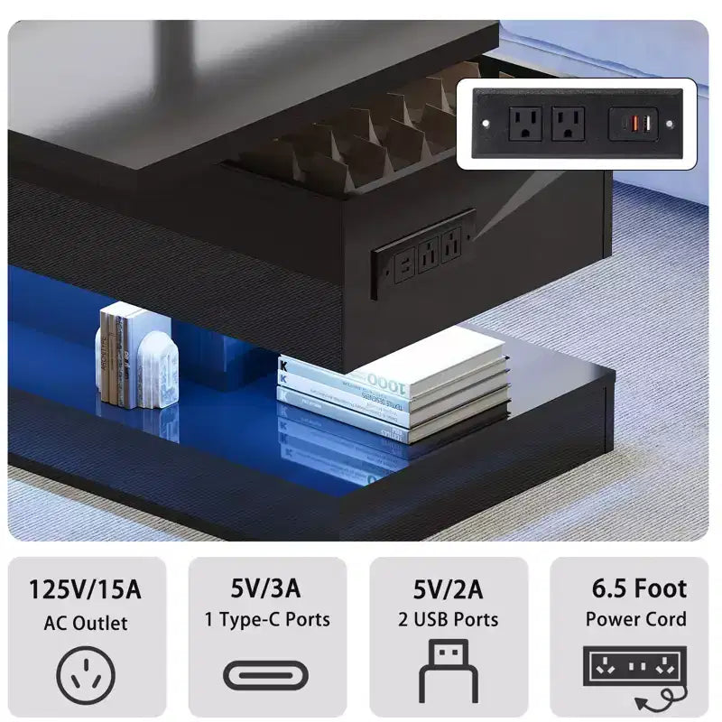 LED Floating Coffee Table - 47.2 Inch Large Lift Top, Modern High Glossy, LED Storage Table, APP Control, for Living Room Dining Room Home Office