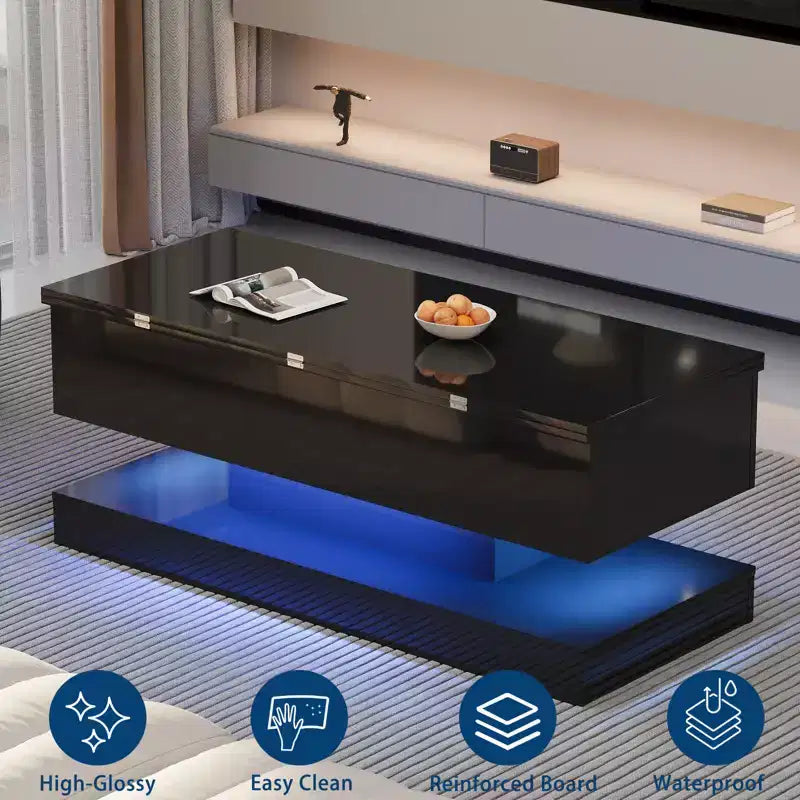 LED Floating Coffee Table - 47.2 Inch Large Lift Top, Modern High Glossy, LED Storage Table, APP Control, for Living Room Dining Room Home Office