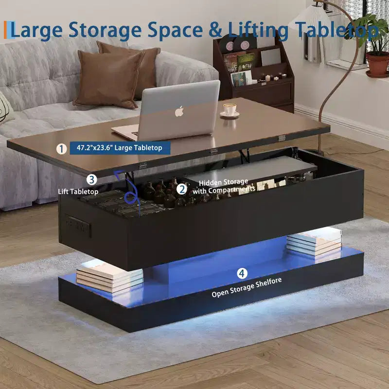 LED Floating Coffee Table - 47.2 Inch Large Lift Top, Modern High Glossy, LED Storage Table, APP Control, for Living Room Dining Room Home Office
