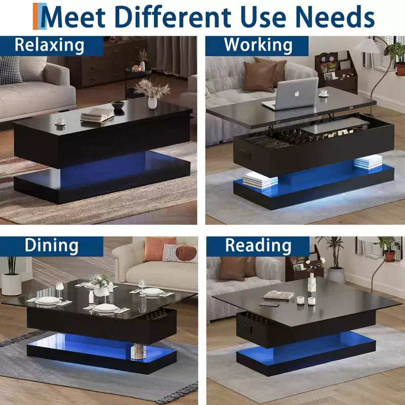 LED Floating Coffee Table - 47.2 Inch Large Lift Top, Modern High Glossy, LED Storage Table, APP Control, for Living Room Dining Room Home Office