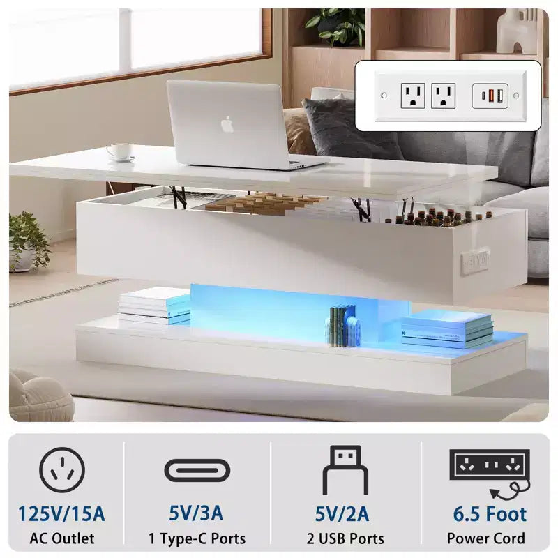 LED Floating Coffee Table - 47.2 Inch Large Lift Top, Modern High Glossy, LED Storage Table, APP Control, for Living Room Dining Room Home Office