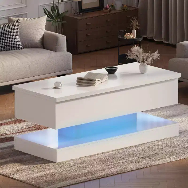 LED Floating Coffee Table - 47.2 Inch Large Lift Top, Modern High Glossy, LED Storage Table, APP Control, for Living Room Dining Room Home Office